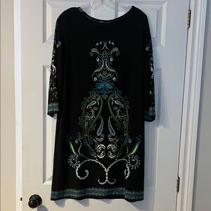 London Times Black Dress with Teal and White Patterns